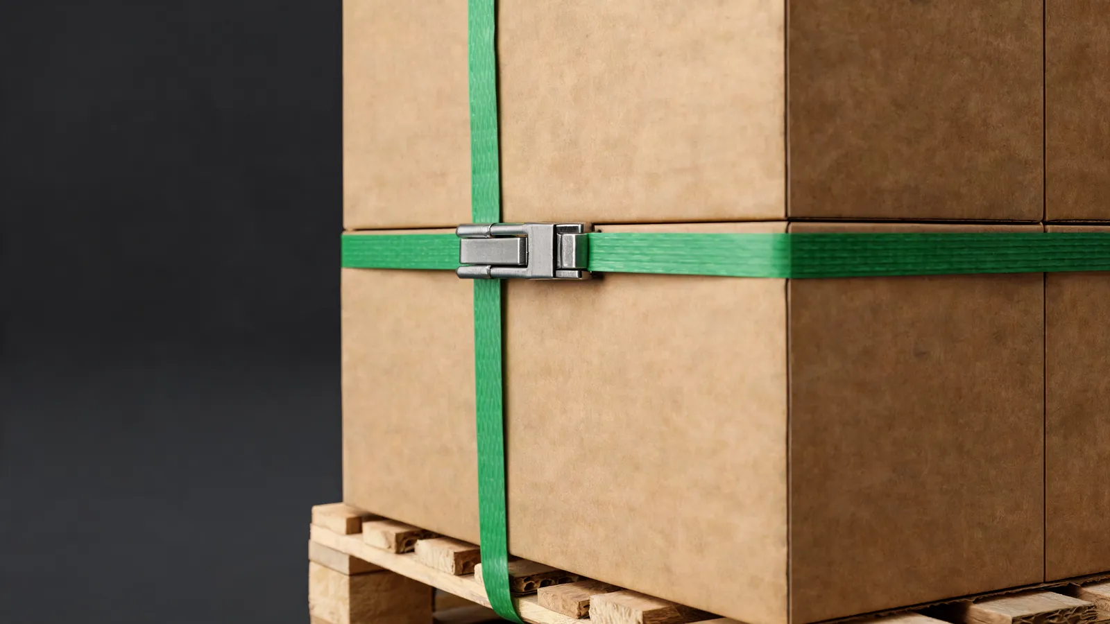 Fleje asegurando una tarima de cajas con la tensión correcta